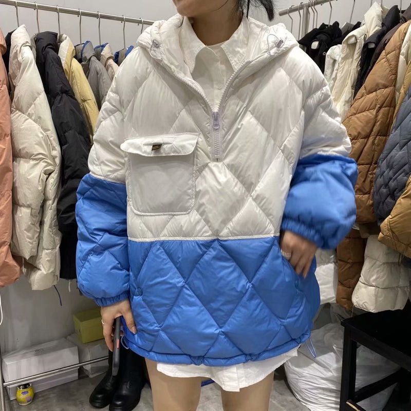 Women Winter Coat Puffer Jacket Down Coat Winter Hooded Rhombus Plaid Loose Female White Duck Down Jacket