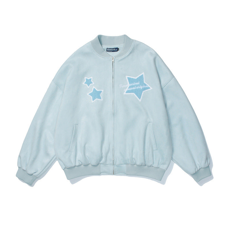 Baby Blue Varsity Jacket Embroidery Baggy Coat Men Spring Baseball Uniform Jacket