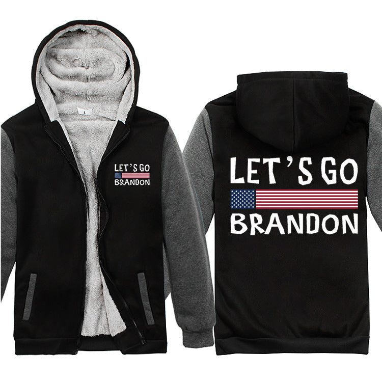 Let's Go Brandon Hoodie Letter Fashion Velvet Padded Thickened Hooded Zipper Top