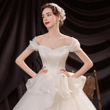 Women'S Evening Dress Ball Gown Princess Quinceanera Wedding Dresses White Slimming Simple Off-Shoulder Wedding Dress