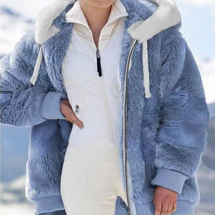Women Winter Coats Autumn and Winter Loose Plush Zipper Hooded Jacket for Women