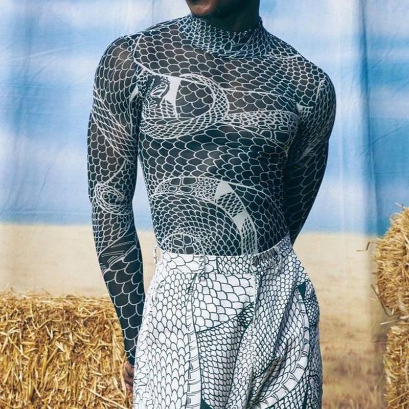 Rave Outfits Men Long Sleeve Shirt Tight Long Sleeve Bottoming Shirt Hip Hop Print See-through T-shirt for Men