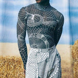 Rave Outfits Men Long Sleeve Shirt Tight Long Sleeve Bottoming Shirt Hip Hop Print See-through T-shirt for Men