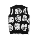 Men Sweater Vest Contrast Color Letter Jacquard Sleeveless Sweater Vest Men's Loose round Neck Sweater Vest