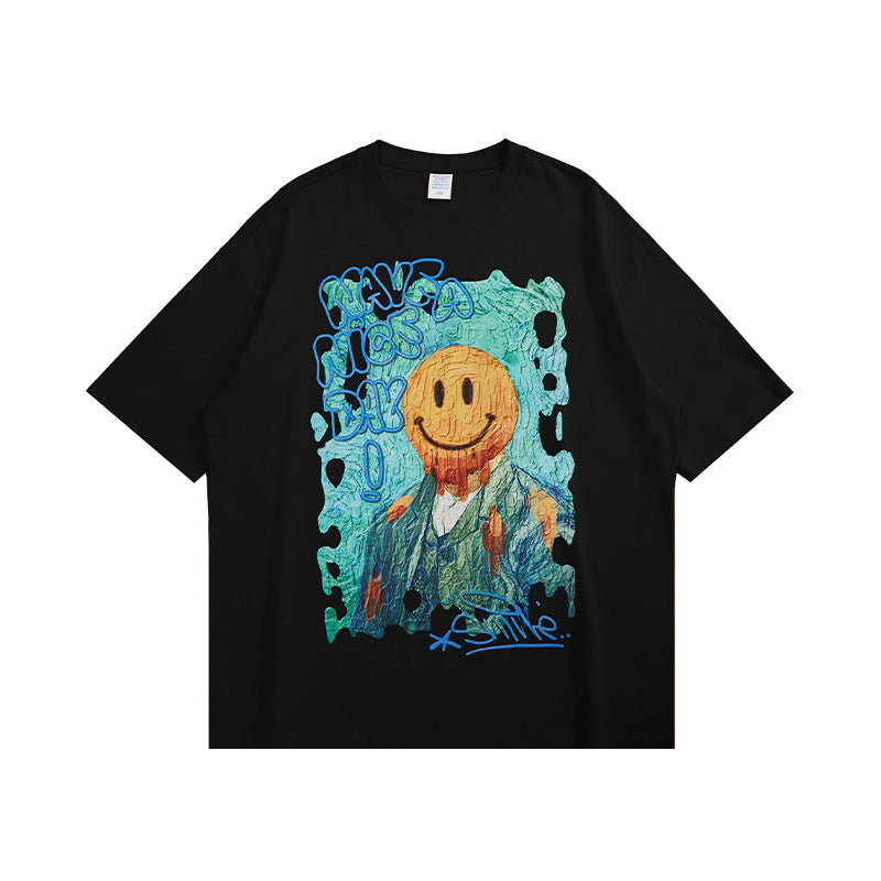 Smiley Face T Shirt Oil Painting Loose Short Sleeve Men's T-shirt