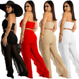 Party Pants Suits Pure Color Mesh See-through Pleated Vest Waist Pants Two-Piece Set for Women