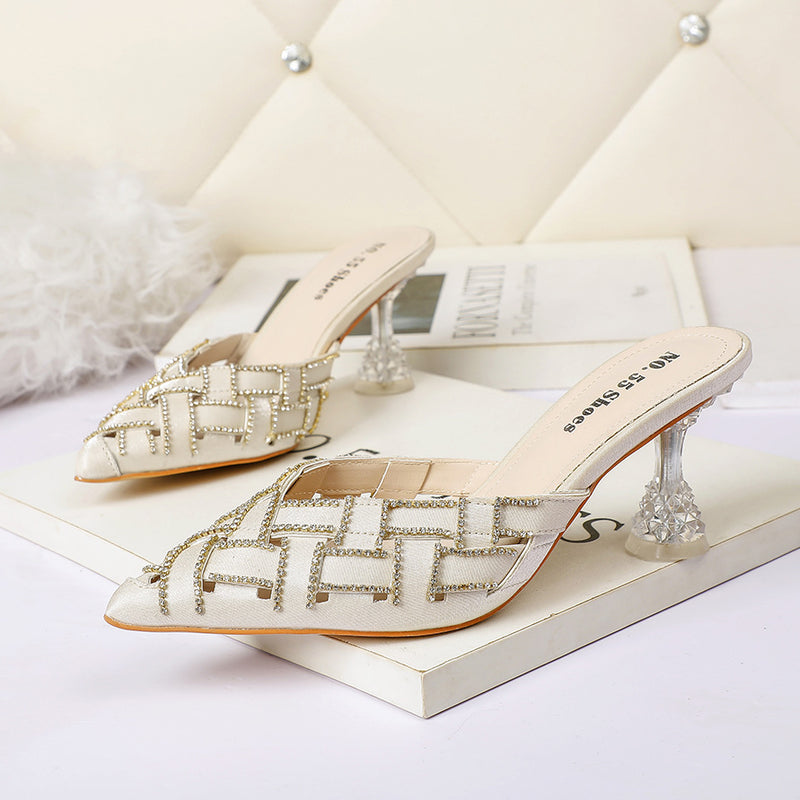 Nude Block Heels Closed Toe Rhinestone Sandals