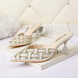 Nude Block Heels Closed Toe Rhinestone Sandals