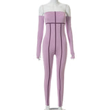 Autumn Solid Color off-Shoulder Long Sleeve Sunken Stripe Stitching Tight Trousers Jumpsuit