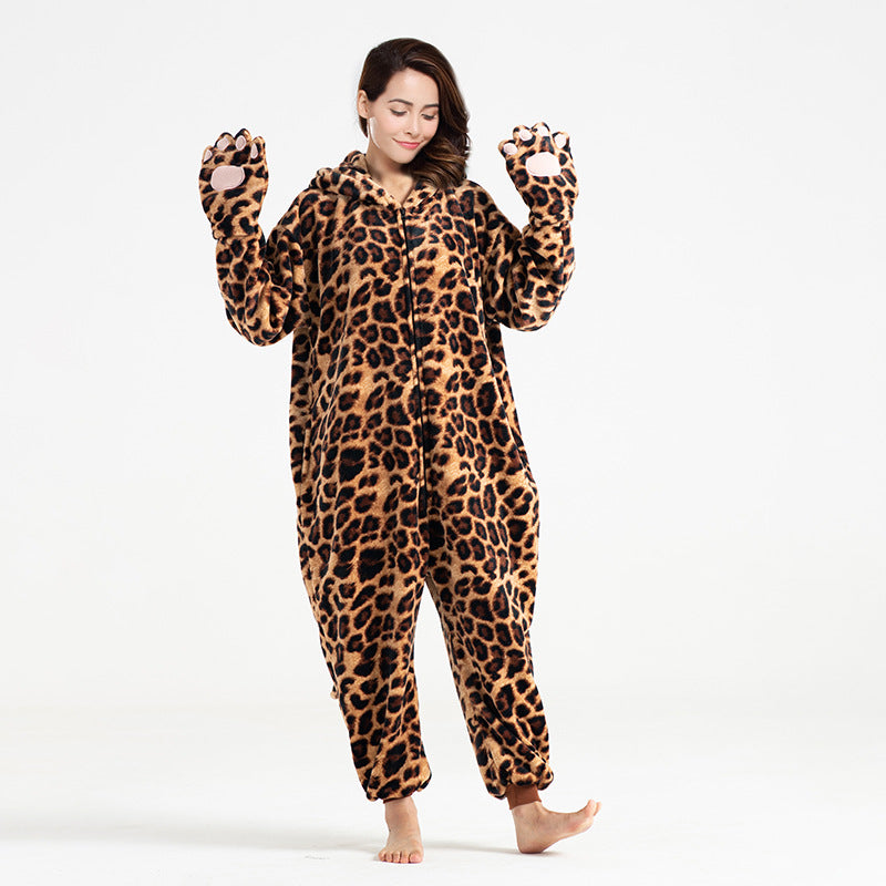 Hoodies Blankets Autumn and Winter Leopard Print Cartoon Animal Jumpsuit Fleece-Lined Thickened Cute