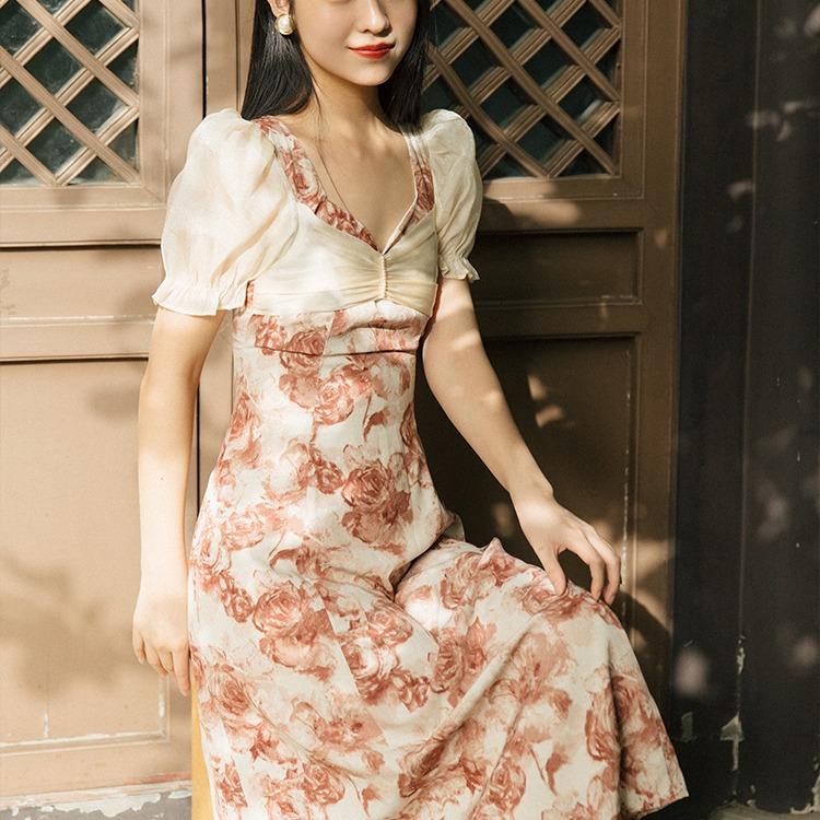 Women cottagecore Dress Summer Vintage Floral Chiffon Dress Elegant Dress
