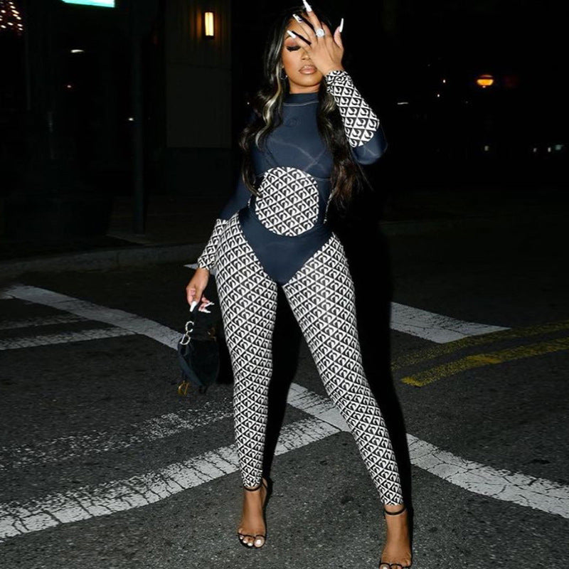 Fashion Printed Color Contrast Patchwork High Waist Tight Sports Fitness Jumpsuit
