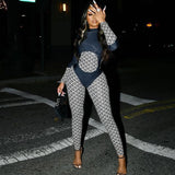 Fashion Printed Color Contrast Patchwork High Waist Tight Sports Fitness Jumpsuit