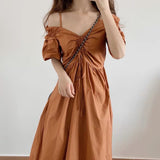 Burnt Orange Dress Summer Niche Salt Sweet Dress Women's Platycodon Grandiflorum Fried Street Fairy Design off-the-Shoulder Dress