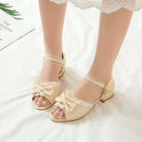 Flat Dress Sandals Summer Low Heel Peep Toe Bow Buckle Sandals for Women