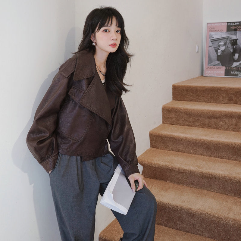 Cute Leather Jacket Women Spring and Autumn Jacket Loose-Fitting Student Coat