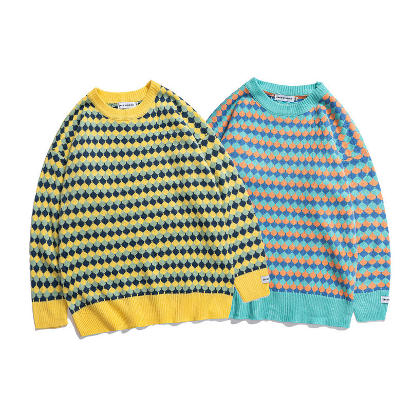 Mens Fall Outfits High Street Striped Couple Knitwear Sweater Simple Retro Crew Neck