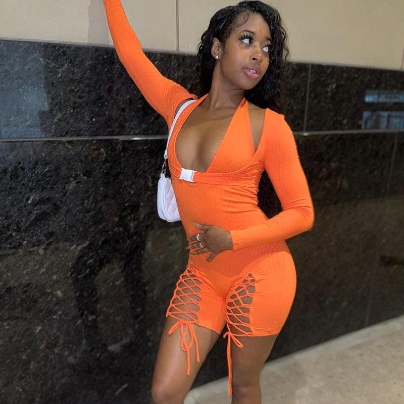 Autumn Solid Color Halterneck Long-Sleeved Tight Sexy Lacing Shorts Jumpsuit