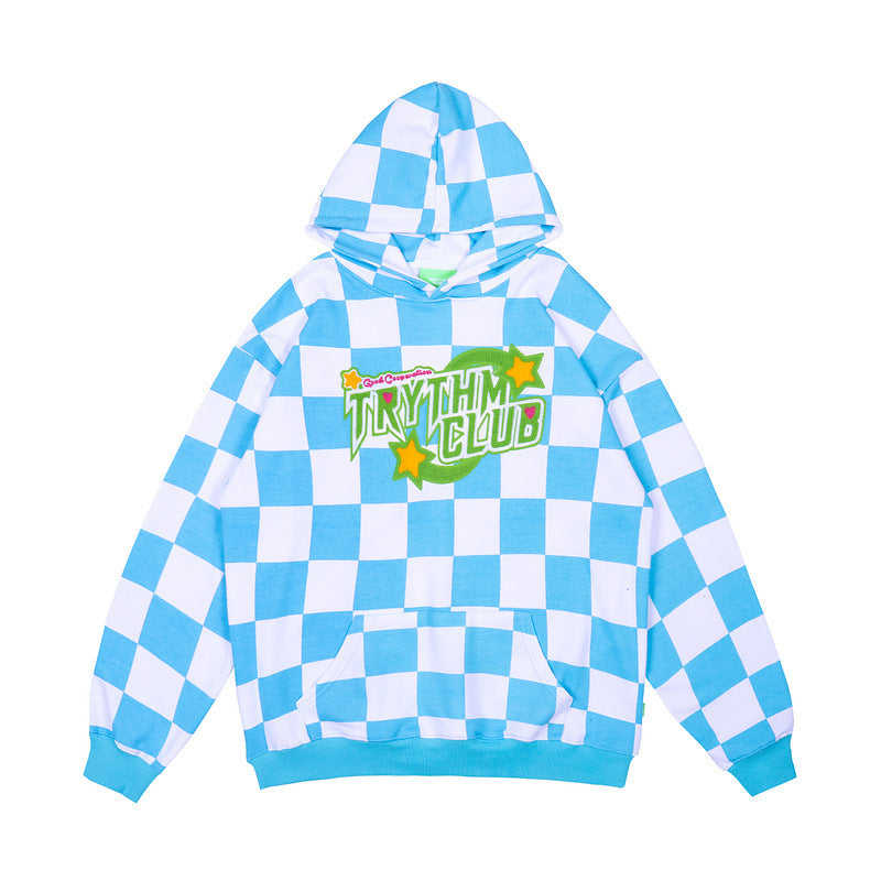 Mens Fall Outfits Green Checkerboard Plaid Loose Long Sleeve Terry Hooded Sweater for Men and Women Couple