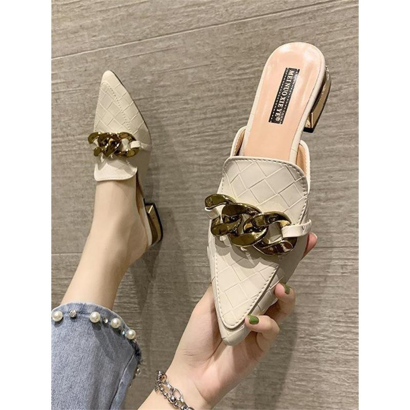 Finn Chain Pointed Toe Mule Spring and Autumn Lazy Pump Half Slippers Women's Outer Wear Chunky Heel All-Matching Low Heel Slippers Mules Shoes