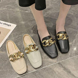 Finn Chain Pointed Toe Mule Closed Toe Half Slippers Women's Summer Square Toe Metal Buckle Low Heel Slippers