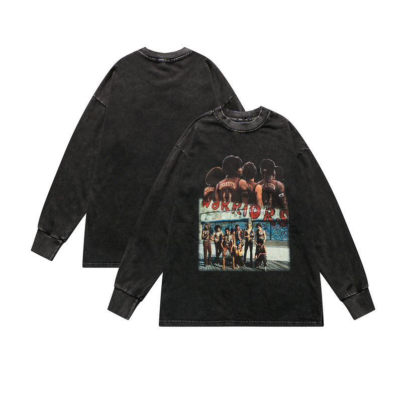 Mens Fall Outfits Retro Loose Printed Long-Sleeved T-shirt Men's and Women's Distressed Sports Sweater