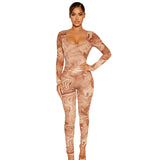 Winter Cute Drawing Water Pattern Printed Long Sleeve Tight Trousers Jumpsuit