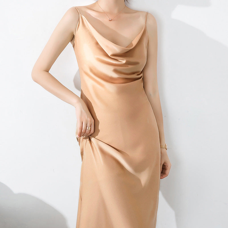 Burnt Orange Dress Satin Suspender Dress Outer Wear Silk Slim Fit Long Dress Summer Elegant Inner Match Dress