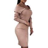 Winter Formal Dresses Button Waist-Controlled Long Sleeves Knitted Sheath Dress