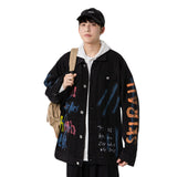 Denim Varsity Jacket Loose Hand Painted Patterned Denim Jacket Men's Graffiti Jacket