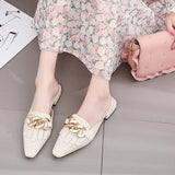 Finn Chain Pointed Toe Mule Closed Toe Half Slippers Women's Summer Outer Wear Pointed Toe Women's Shoes Chunky Heel