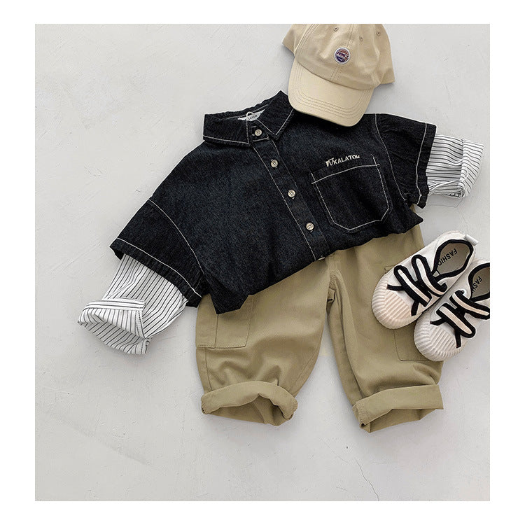 Spring Tops Children's Denim Shirt Patchwork Shirt