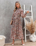 Emery Rose Dresses Pleated Turtleneck Small Floral Print Long Large Hem Long Sleeve Dress