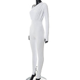 Autumn Solid Color Irregular Diagonal Collar Long Sleeve Tight Casual Trousers Jumpsuit