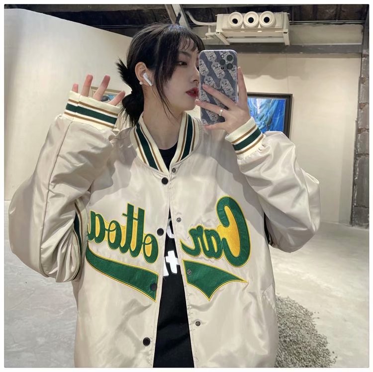 Cream Color Varsity Jacket Spring and Autumn Baseball Uniform Men's Coat