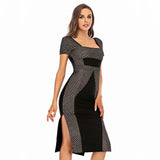 Milkmaid Dress Black High Waist Mid-Length Solid Color Lace-up Midi Dress