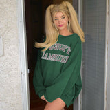 90S Outfits Vintage Letter Print Green Hoody Loose Casual Pullover