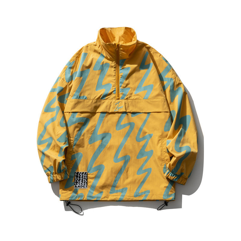 Yellow Varsity Jacket Stand Collar Outerwear Top Half Zipper Drawstring Hem Color Matching Spring Jacket