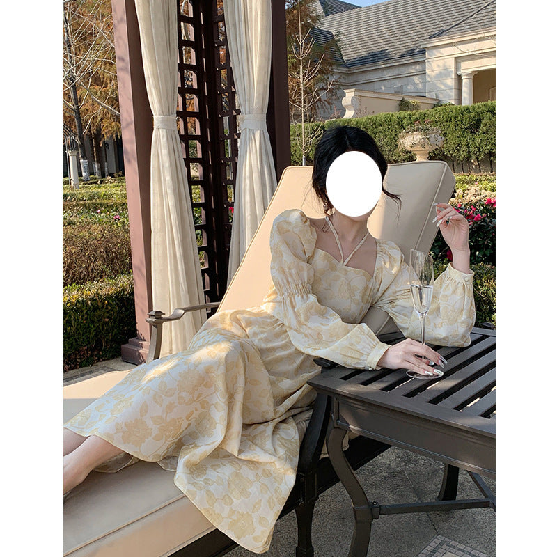 Daisy Buchanan Dress Women's Spring Vintage Square Collar Floral Skirt