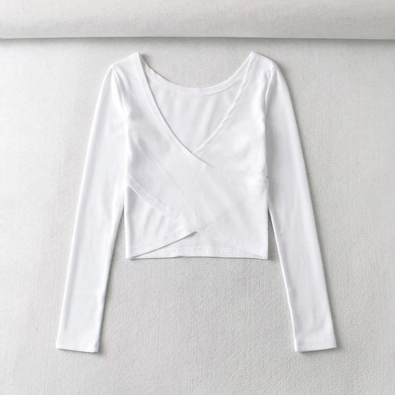 Women Fall Cross Long Sleeves T-shirt Cropped Short Sexy Top