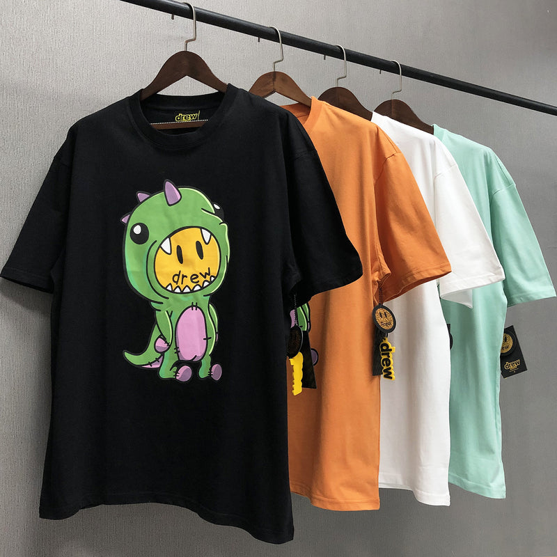 Drew House Cartoon Little Dinosaur Pattern Short Sleeve High Street Fashion Brand Couple Loose T-shirt Men