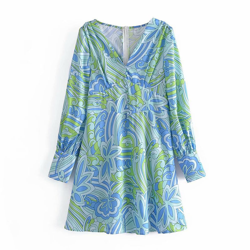 Women Fall Fall Fall Satin Geometric Printed V-Neck Dress Lantern Sleeve Cinched Short Dress