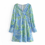 Women Fall Fall Fall Satin Geometric Printed V-Neck Dress Lantern Sleeve Cinched Short Dress