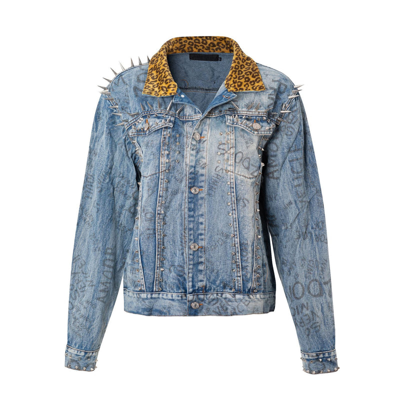 Patchwork Denim Jacket Leopard Print Lapel Punk Trendy Denim Jacket