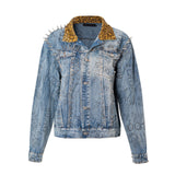 Patchwork Denim Jacket Leopard Print Lapel Punk Trendy Denim Jacket