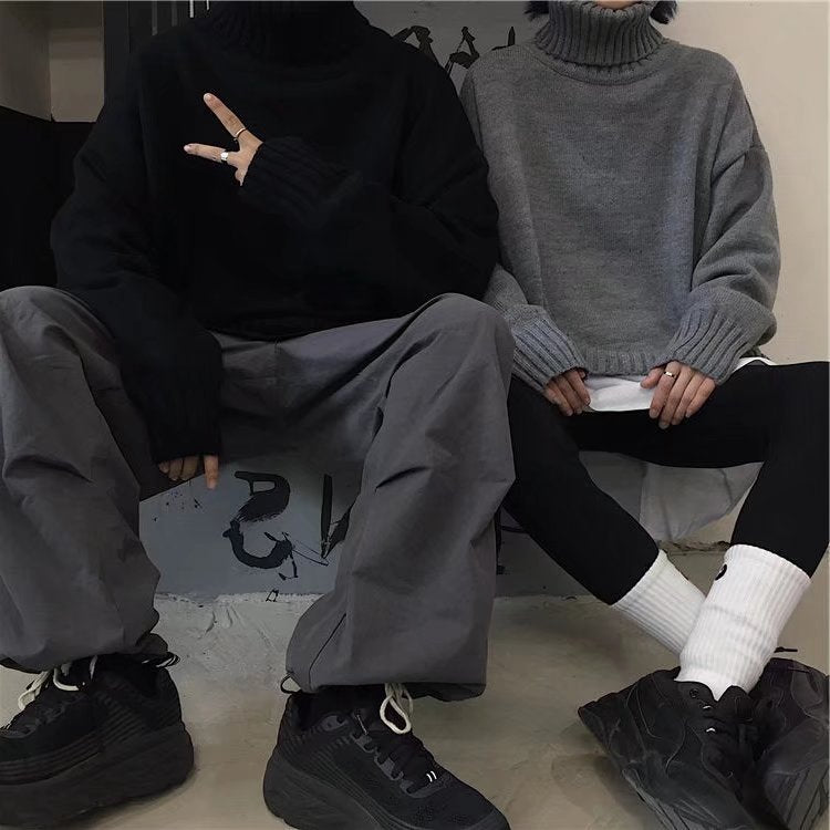 Men Turtleneck Sweater Men's Sweater Solid Color Autumn and Winter Retro Coat