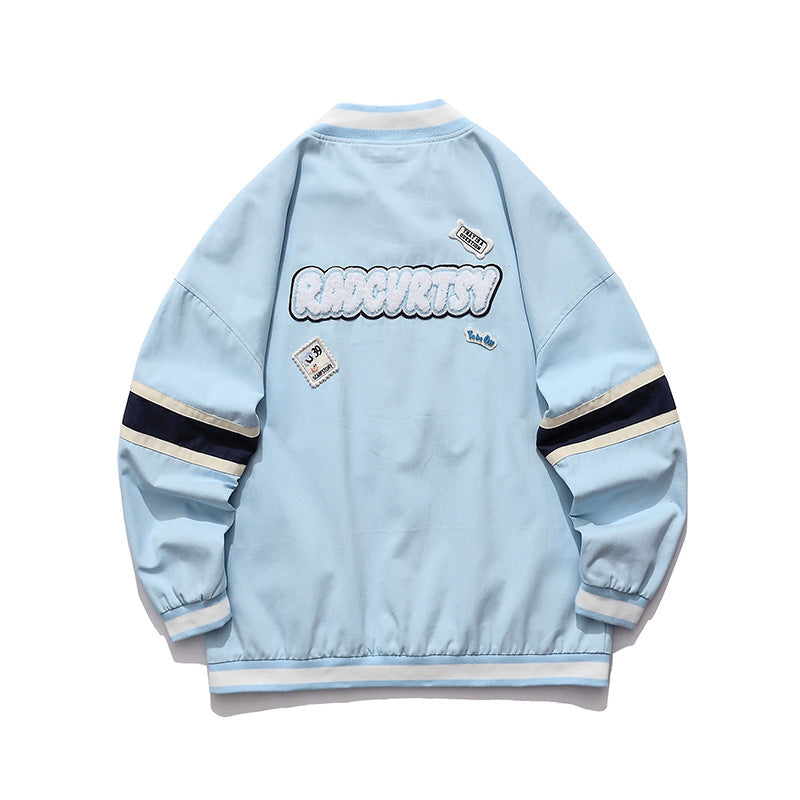 Baby Blue Varsity Jacket Fall Jacket Men's Embroidery Contrast Color Stitching Baseball Uniform Loose