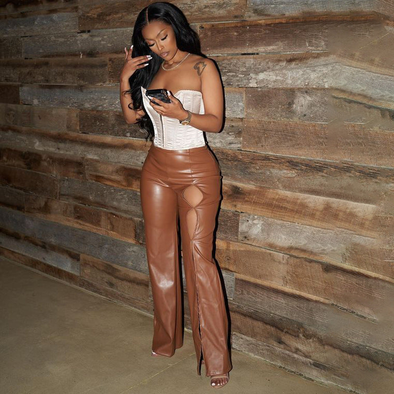 Brown Leather Pants PU Leather Pants Female Sexy Solid Color Hollow out Loose-Fitting Underwear Panties