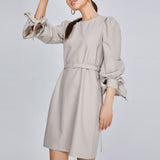 Women Spring Dress Spring and Autumn Long Sleeve Loose Dress Lantern Sleeve Tied Belt Dress for Women