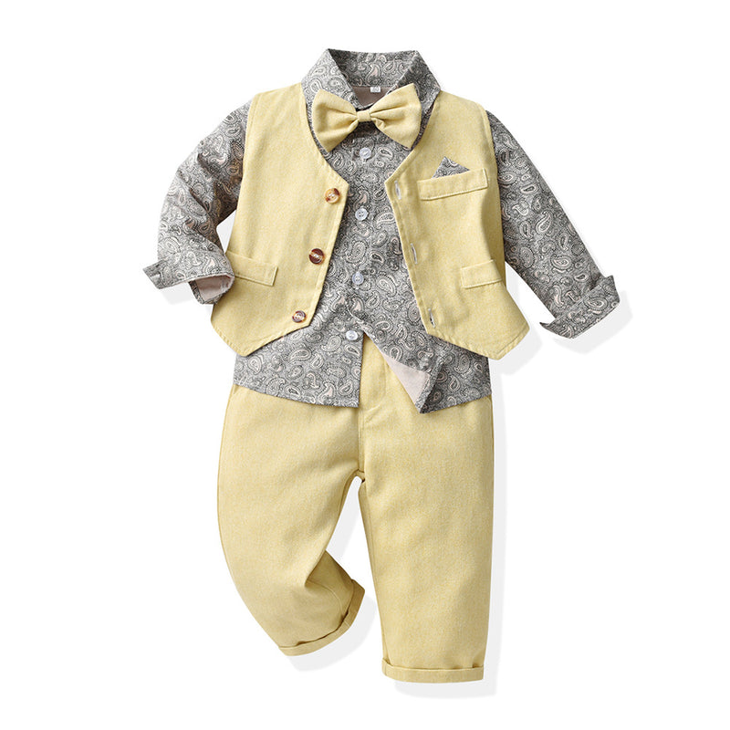 Children Boy Formal Shirt & Suspender Pants 2 Piece Set Vest Long Sleeve Cotton Shirt